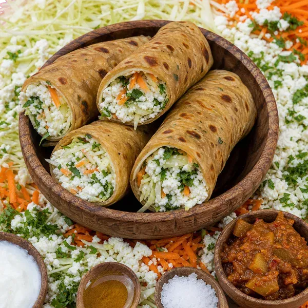 Mango Chilli Garlic Pickle Thepla Wrap served and ready to eat